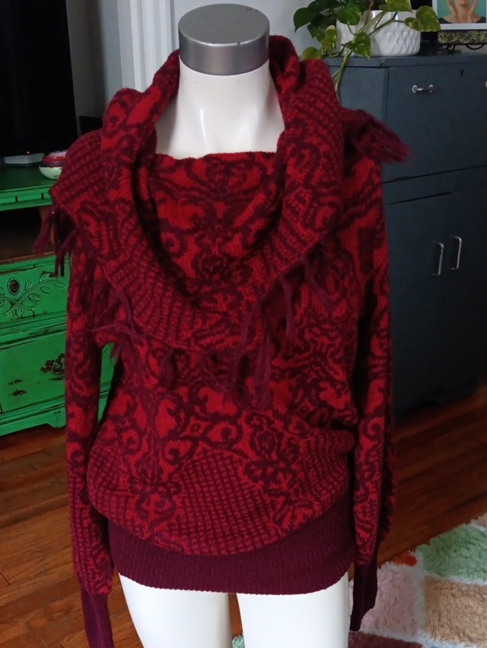 Knix Rose Red Patterned Cowl Neck Women's Sweater With Fringe